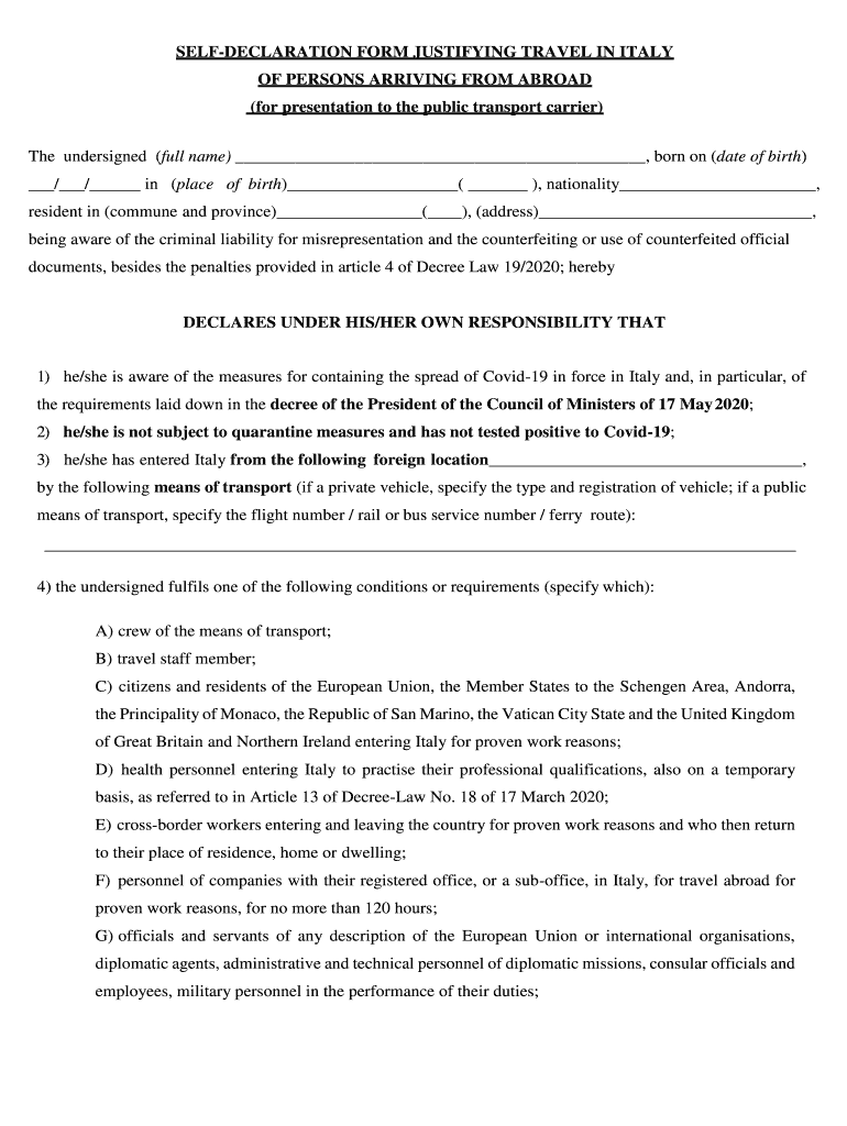 Self Declaration Form Justifying Travel In Italy Fill Out Sign