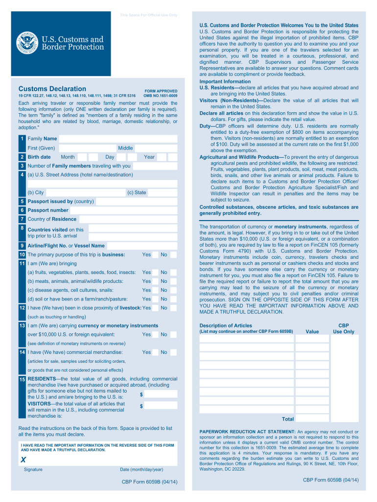 U S Customs And Border Protection Declaration Form CBP Form 6059B 