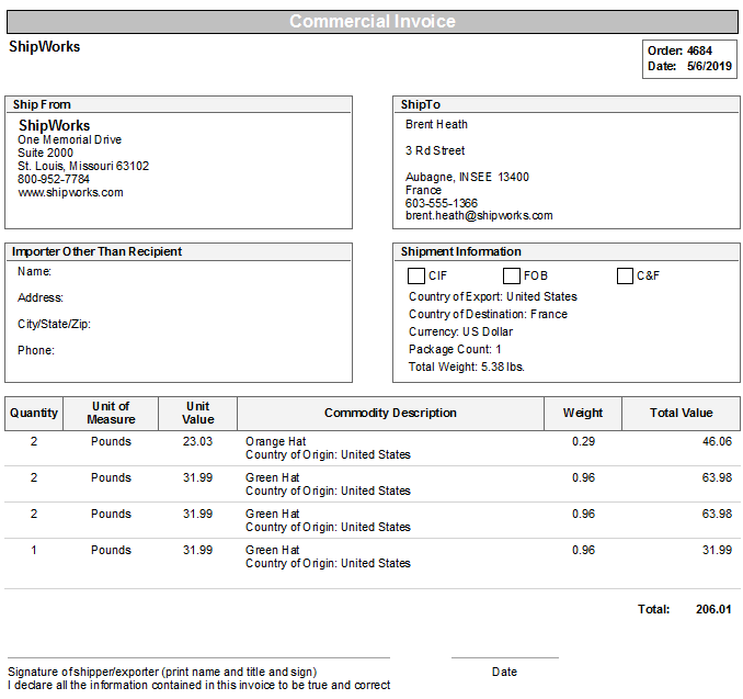 UPS International Printing UPS Customs Forms Commercial Invoices 