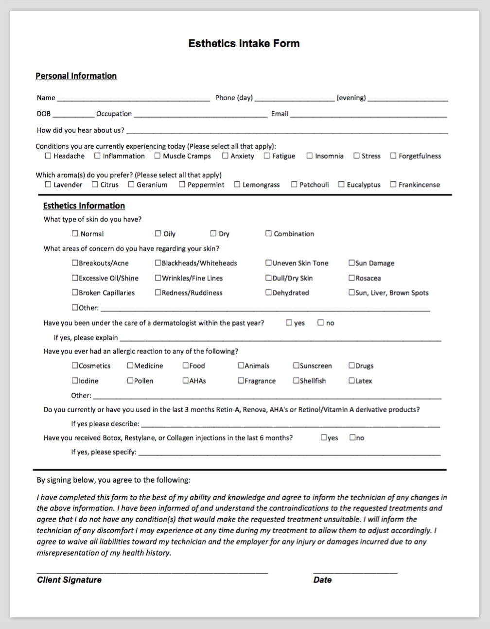 WAXING POST TREATMENT Home Care Form Beauty Therapy Consent Form